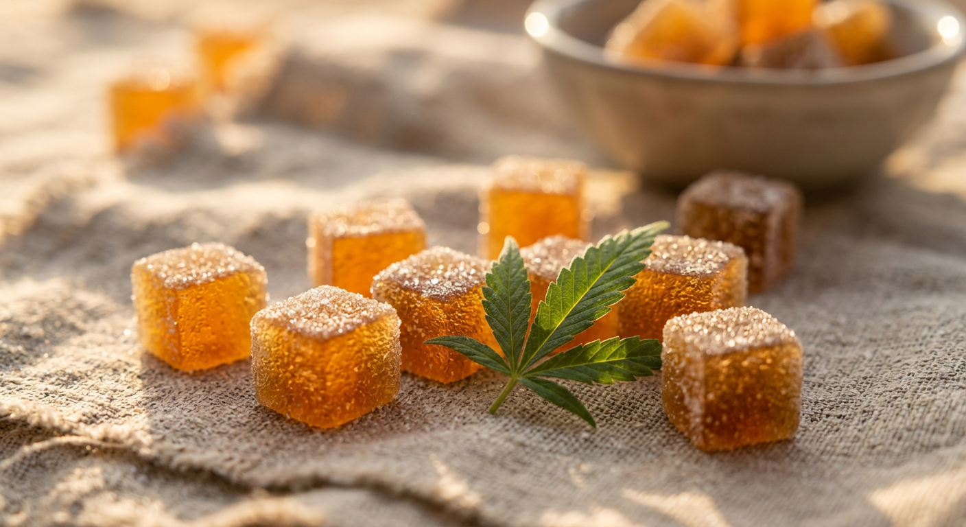 Close-up of golden CBD gummies on linen with a hemp leaf