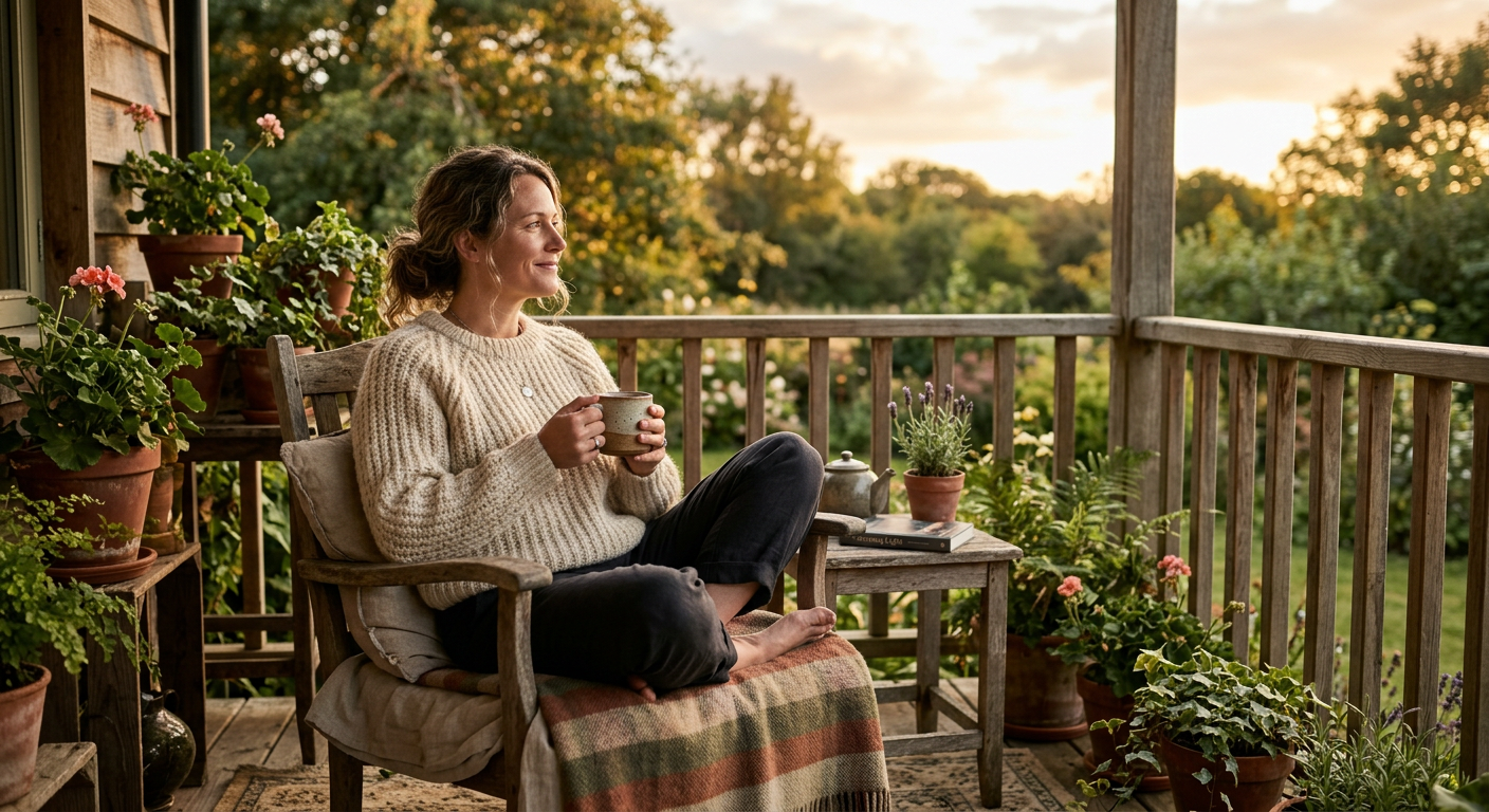 Woman relaxing on a sunlit porch with a cup of tea